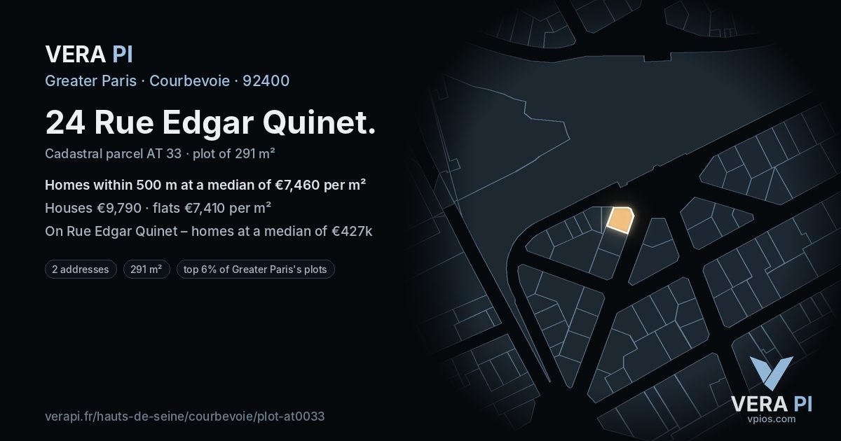 24 Rue Edgar Quinet, Courbevoie at night – the plot lit, the parcels around coloured by the prices near them