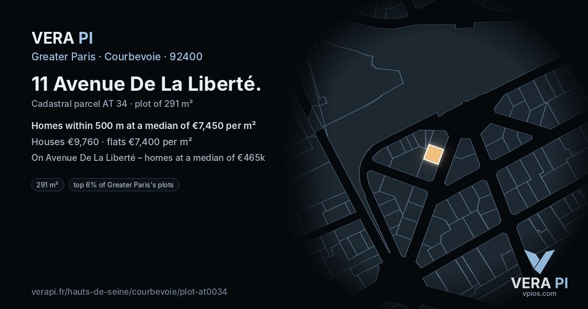 11 Avenue De La Liberté, Courbevoie at night – the plot lit, the parcels around coloured by the prices near them
