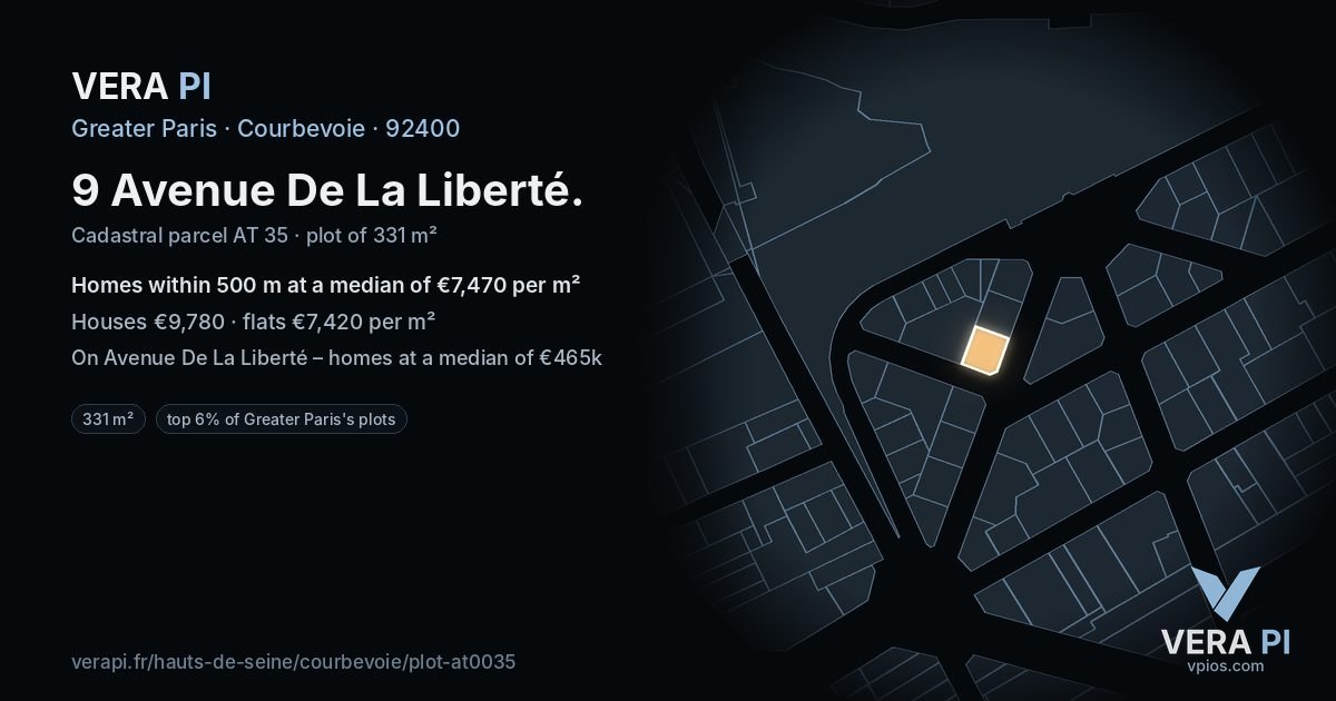 9 Avenue De La Liberté, Courbevoie at night – the plot lit, the parcels around coloured by the prices near them