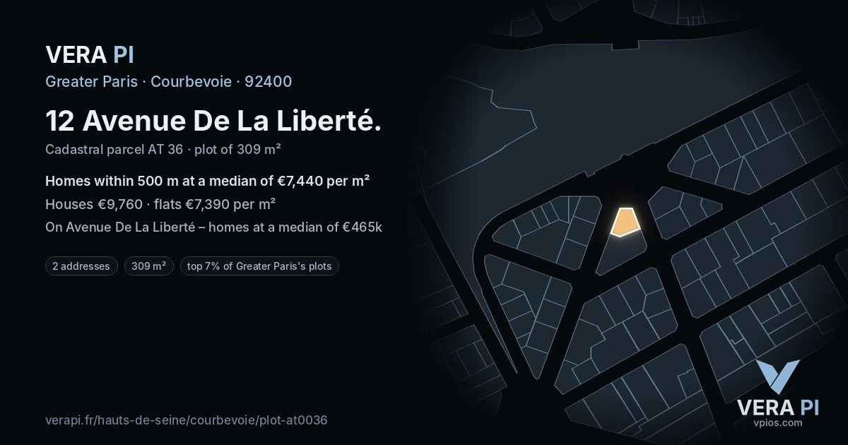 12 Avenue De La Liberté, Courbevoie at night – the plot lit, the parcels around coloured by the prices near them
