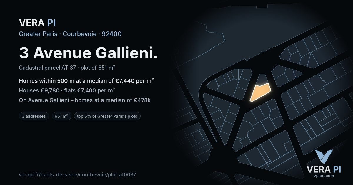 3 Avenue Gallieni, Courbevoie at night – the plot lit, the parcels around coloured by the prices near them