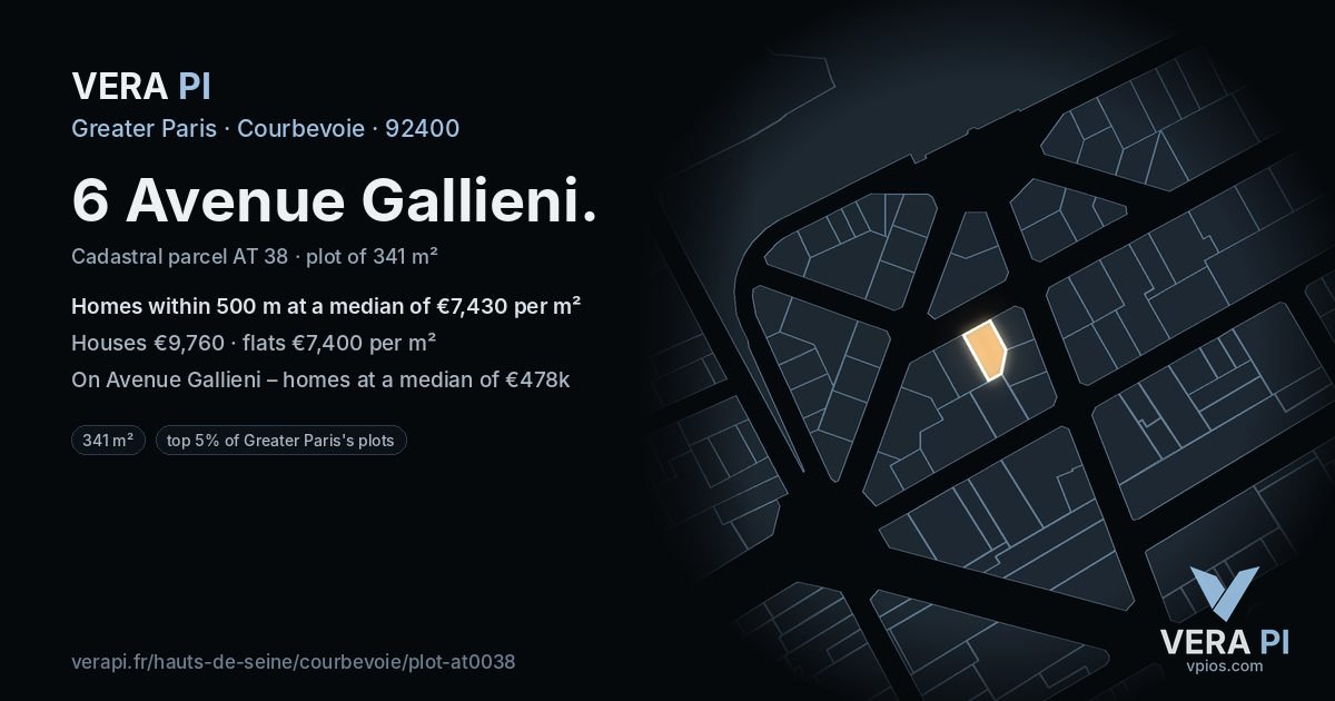 6 Avenue Gallieni, Courbevoie at night – the plot lit, the parcels around coloured by the prices near them