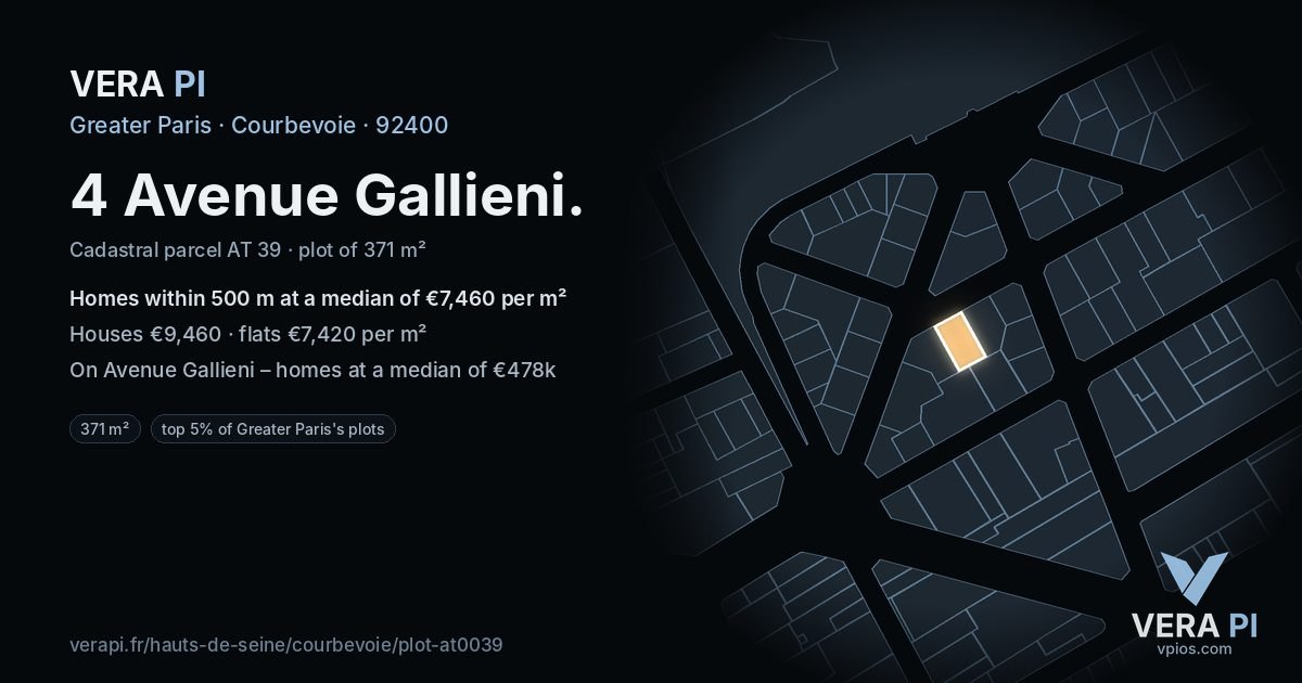 4 Avenue Gallieni, Courbevoie at night – the plot lit, the parcels around coloured by the prices near them