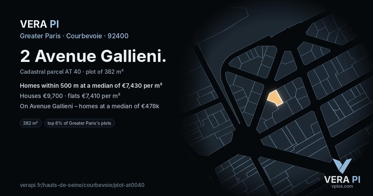 2 Avenue Gallieni, Courbevoie at night – the plot lit, the parcels around coloured by the prices near them
