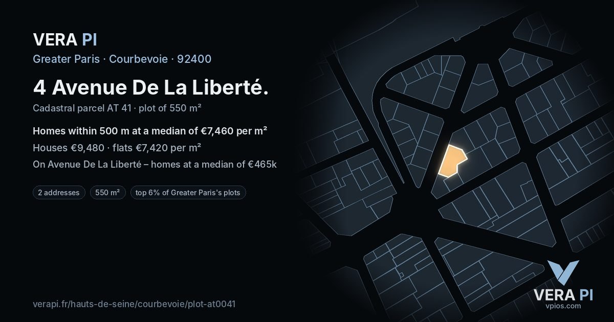 4 Avenue De La Liberté, Courbevoie at night – the plot lit, the parcels around coloured by the prices near them