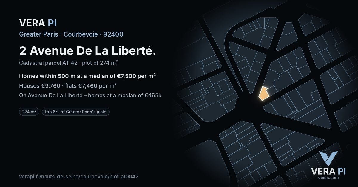 2 Avenue De La Liberté, Courbevoie at night – the plot lit, the parcels around coloured by the prices near them