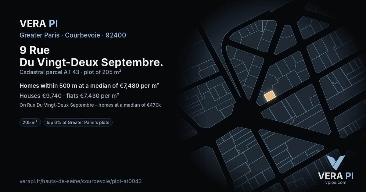 9 Rue Du Vingt-Deux Septembre, Courbevoie at night – the plot lit, the parcels around coloured by the prices near them