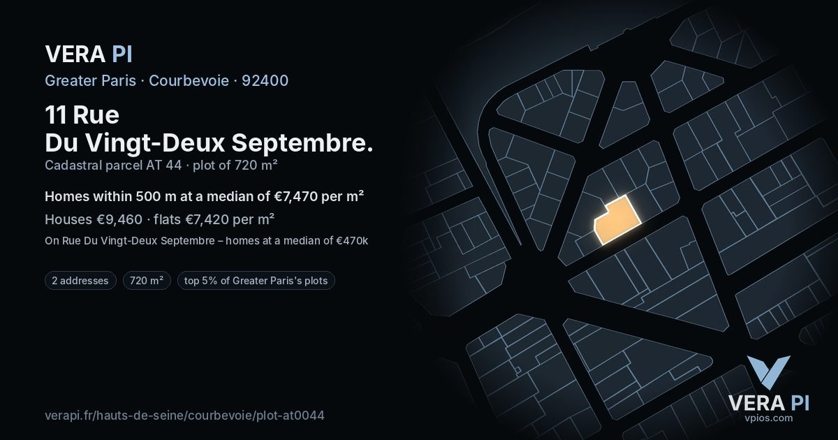 11 Rue Du Vingt-Deux Septembre, Courbevoie at night – the plot lit, the parcels around coloured by the prices near them