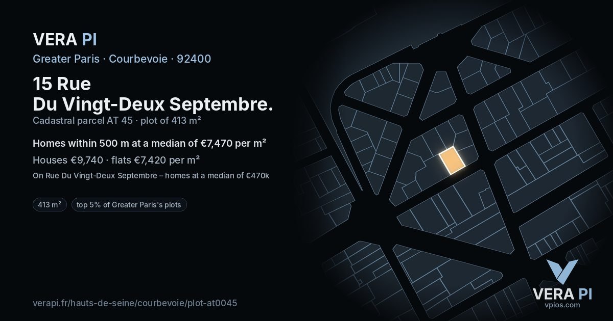 15 Rue Du Vingt-Deux Septembre, Courbevoie at night – the plot lit, the parcels around coloured by the prices near them