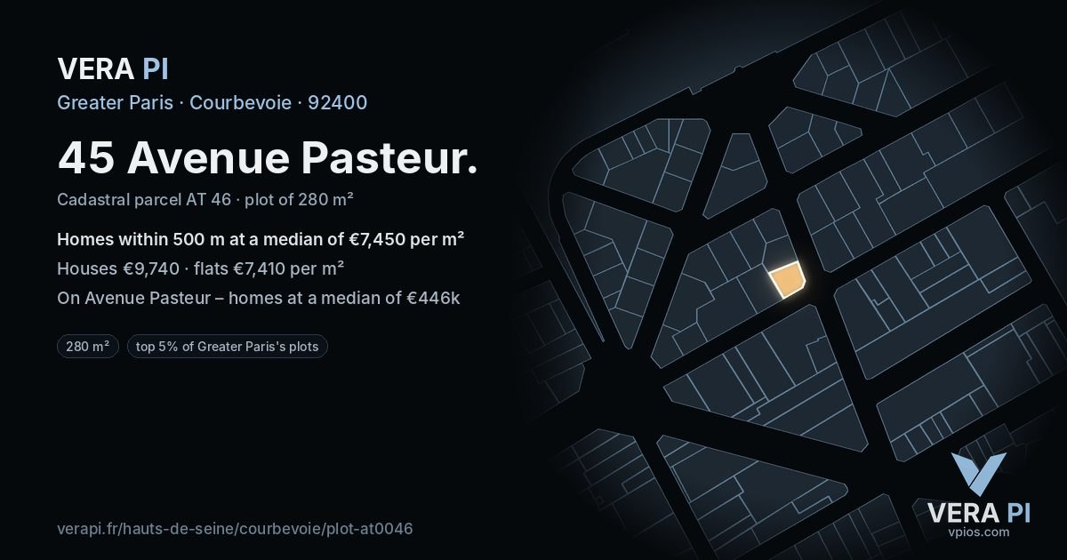 45 Avenue Pasteur, Courbevoie at night – the plot lit, the parcels around coloured by the prices near them