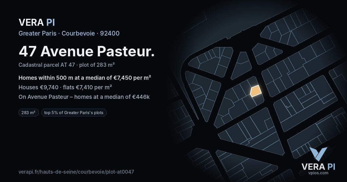 47 Avenue Pasteur, Courbevoie at night – the plot lit, the parcels around coloured by the prices near them