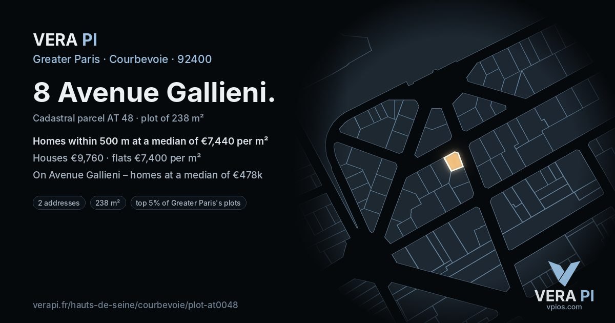 8 Avenue Gallieni, Courbevoie at night – the plot lit, the parcels around coloured by the prices near them