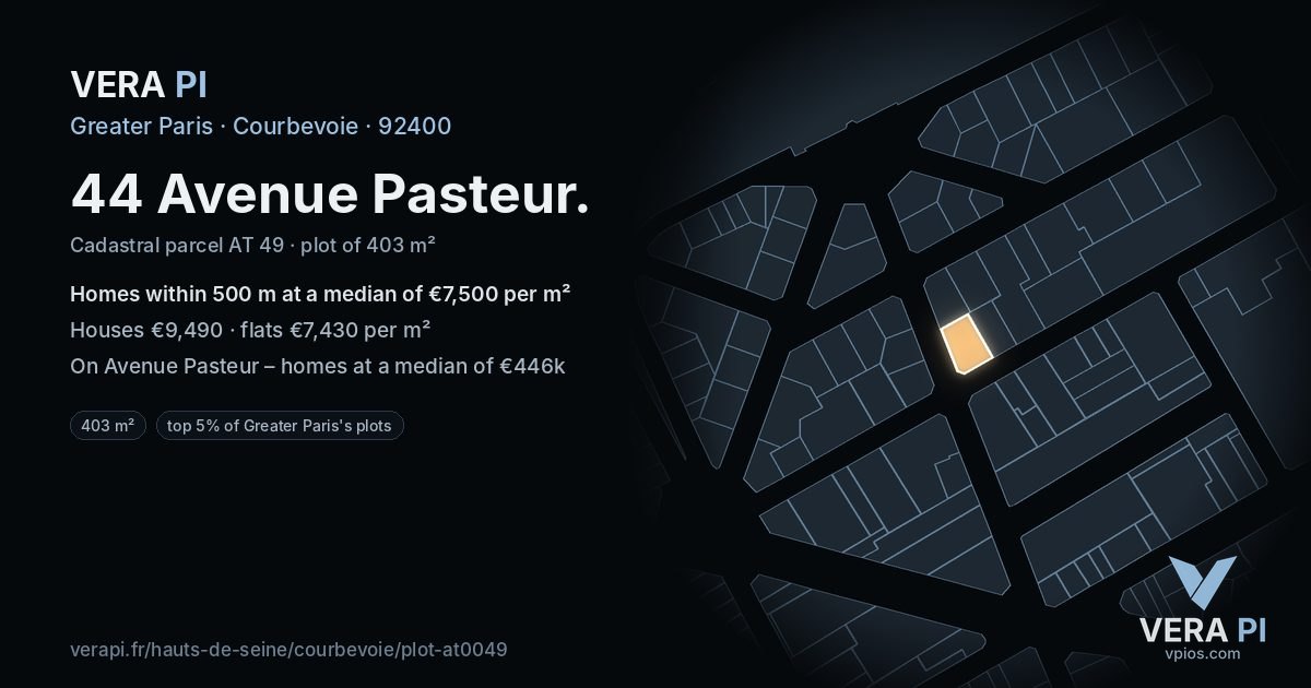44 Avenue Pasteur, Courbevoie at night – the plot lit, the parcels around coloured by the prices near them