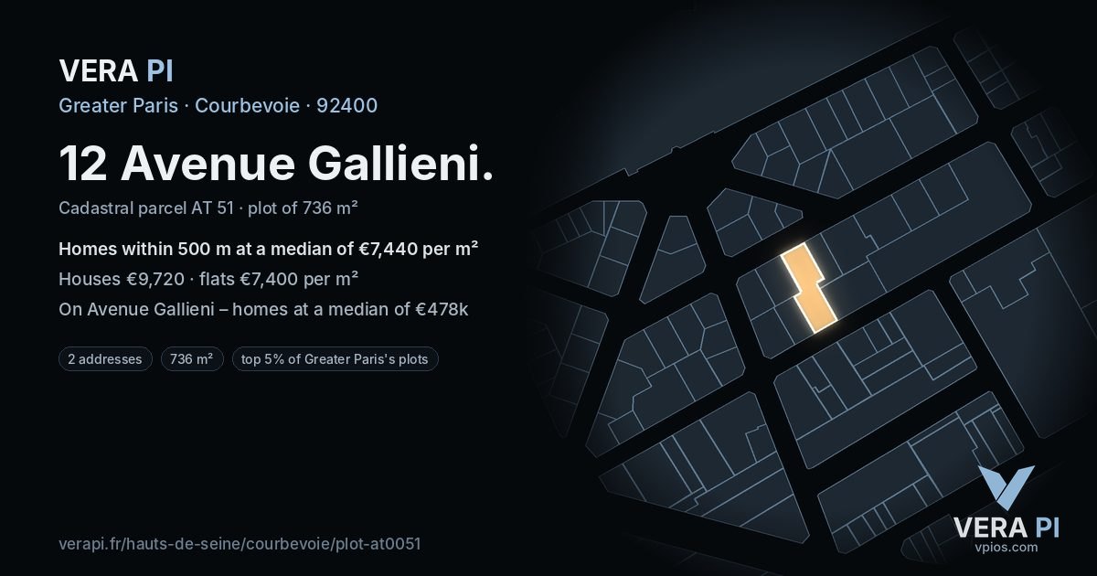 12 Avenue Gallieni, Courbevoie at night – the plot lit, the parcels around coloured by the prices near them