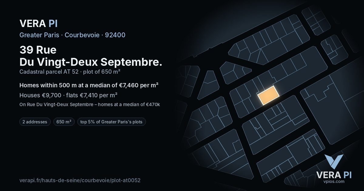 39 Rue Du Vingt-Deux Septembre, Courbevoie at night – the plot lit, the parcels around coloured by the prices near them