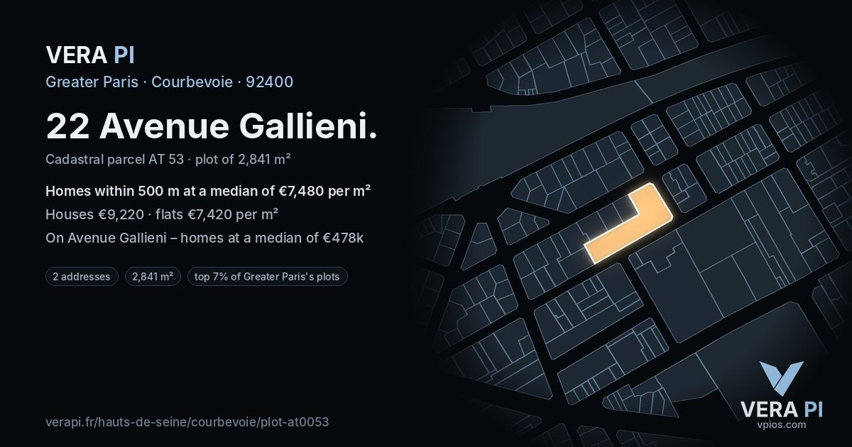 22 Avenue Gallieni, Courbevoie at night – the plot lit, the parcels around coloured by the prices near them