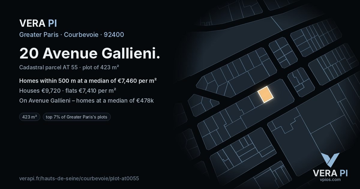 20 Avenue Gallieni, Courbevoie at night – the plot lit, the parcels around coloured by the prices near them