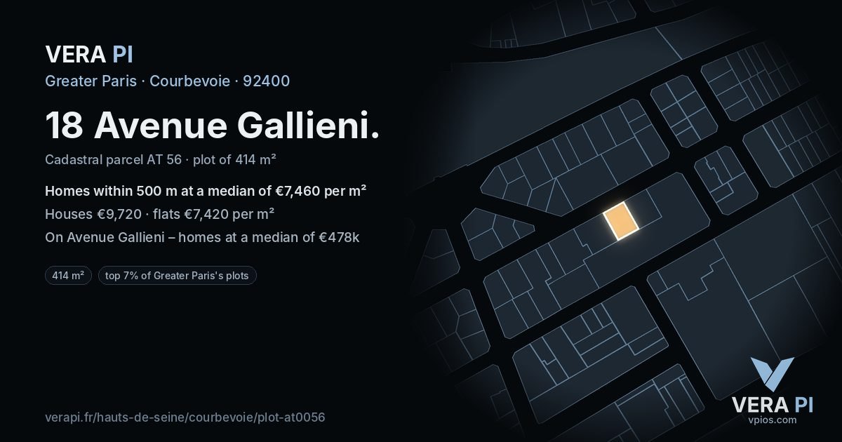 18 Avenue Gallieni, Courbevoie at night – the plot lit, the parcels around coloured by the prices near them