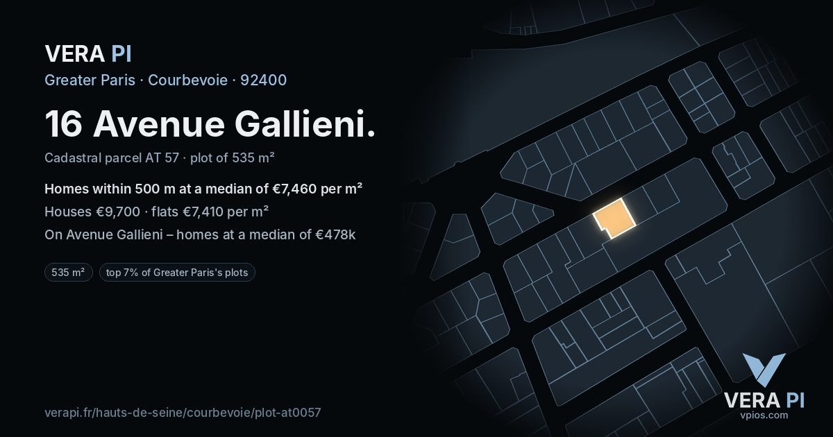 16 Avenue Gallieni, Courbevoie at night – the plot lit, the parcels around coloured by the prices near them