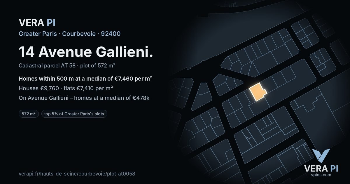 14 Avenue Gallieni, Courbevoie at night – the plot lit, the parcels around coloured by the prices near them