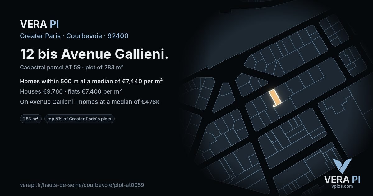 12 bis Avenue Gallieni, Courbevoie at night – the plot lit, the parcels around coloured by the prices near them