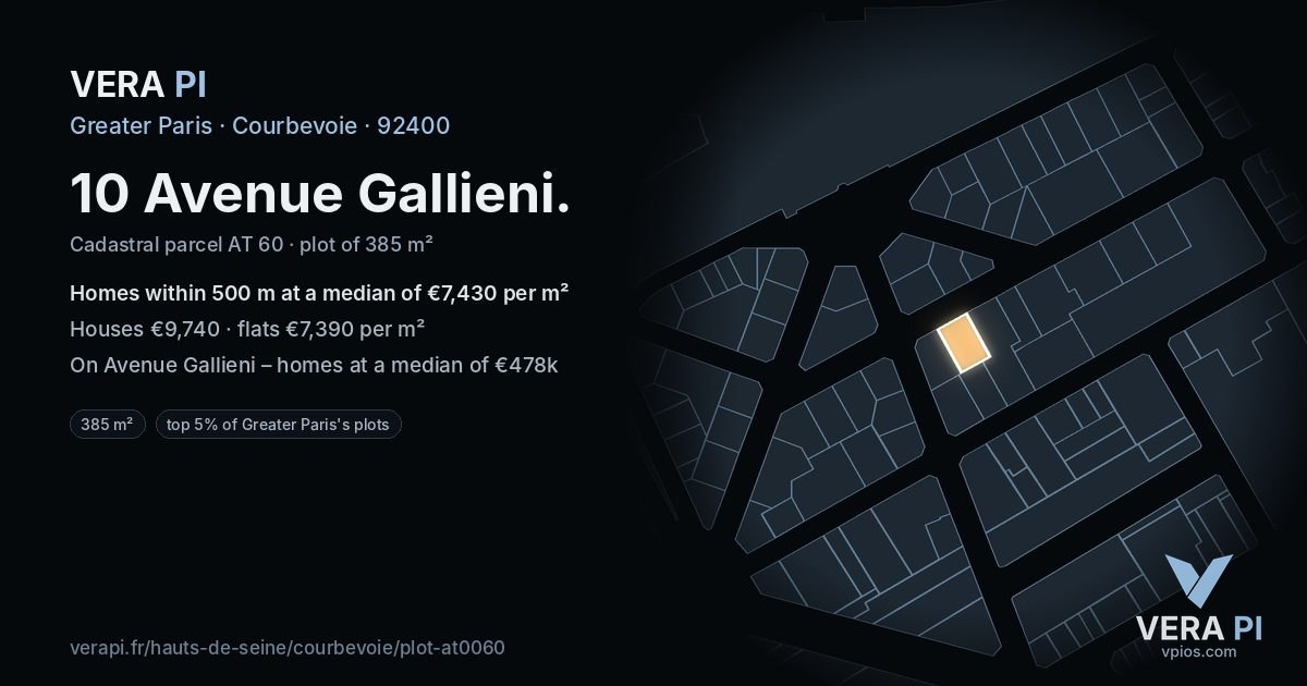 10 Avenue Gallieni, Courbevoie at night – the plot lit, the parcels around coloured by the prices near them