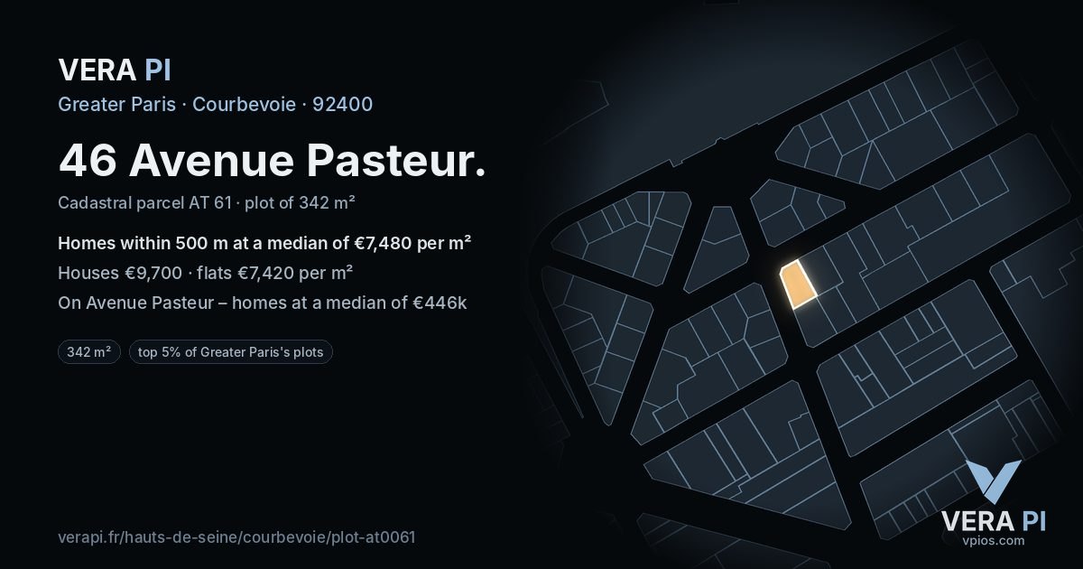 46 Avenue Pasteur, Courbevoie at night – the plot lit, the parcels around coloured by the prices near them