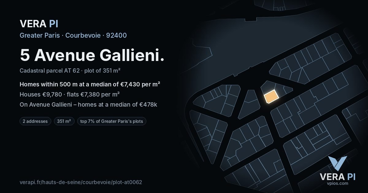 5 Avenue Gallieni, Courbevoie at night – the plot lit, the parcels around coloured by the prices near them