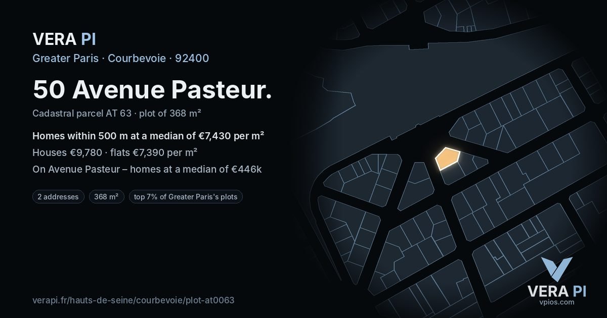 50 Avenue Pasteur, Courbevoie at night – the plot lit, the parcels around coloured by the prices near them