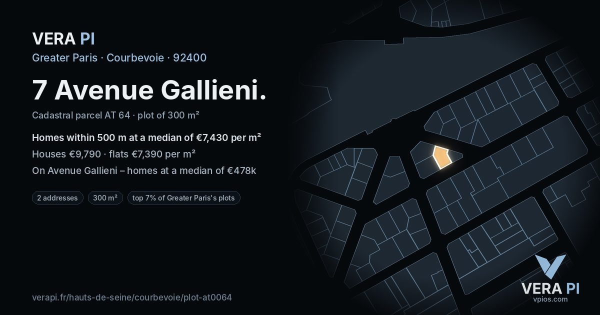 7 Avenue Gallieni, Courbevoie at night – the plot lit, the parcels around coloured by the prices near them