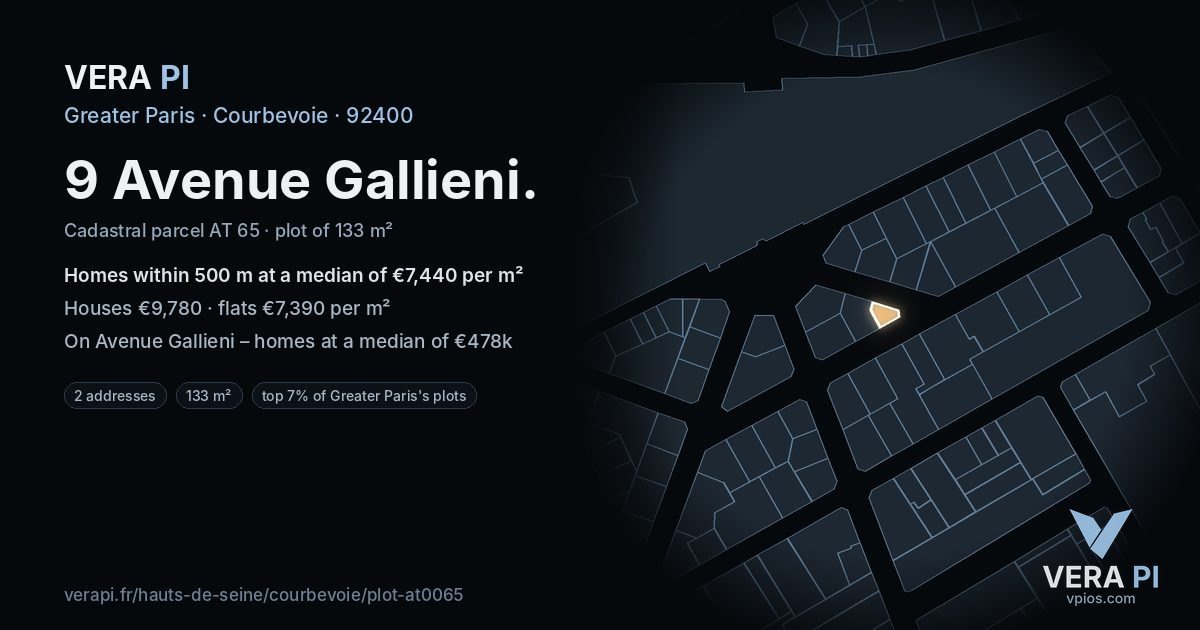 9 Avenue Gallieni, Courbevoie at night – the plot lit, the parcels around coloured by the prices near them