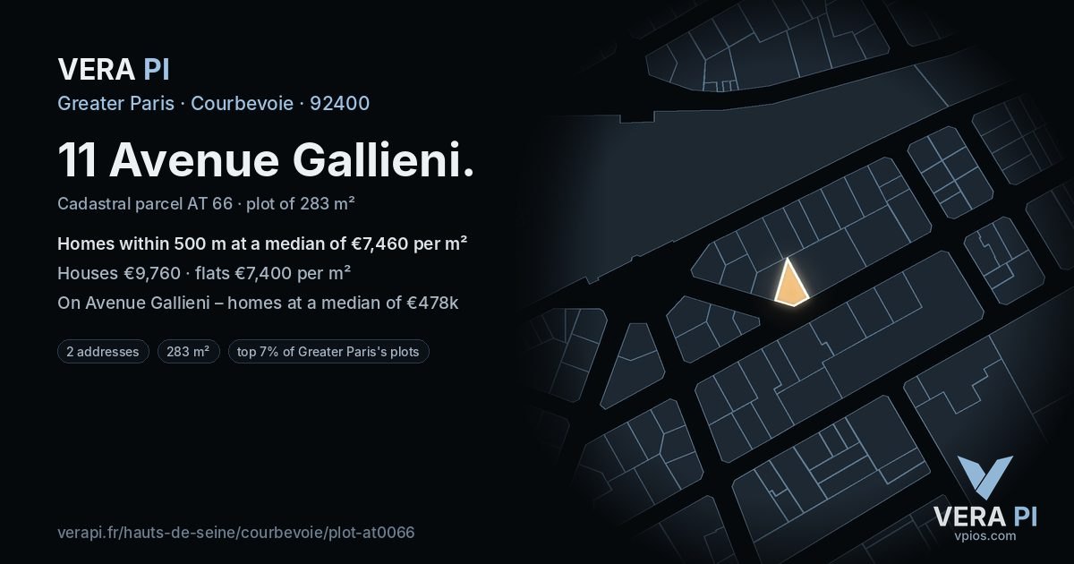 11 Avenue Gallieni, Courbevoie at night – the plot lit, the parcels around coloured by the prices near them