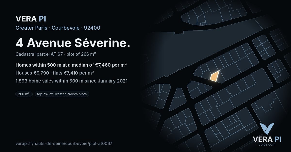 4 Avenue Séverine, Courbevoie at night – the plot lit, the parcels around coloured by the prices near them