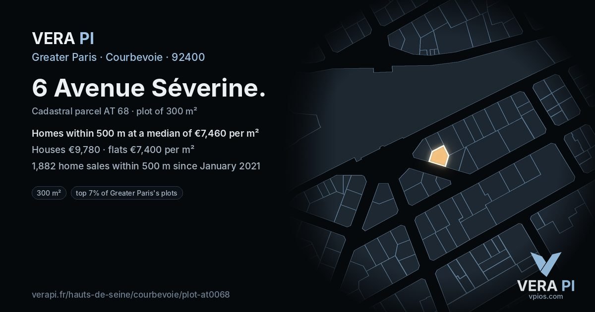 6 Avenue Séverine, Courbevoie at night – the plot lit, the parcels around coloured by the prices near them