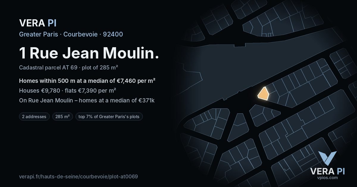 1 Rue Jean Moulin, Courbevoie at night – the plot lit, the parcels around coloured by the prices near them
