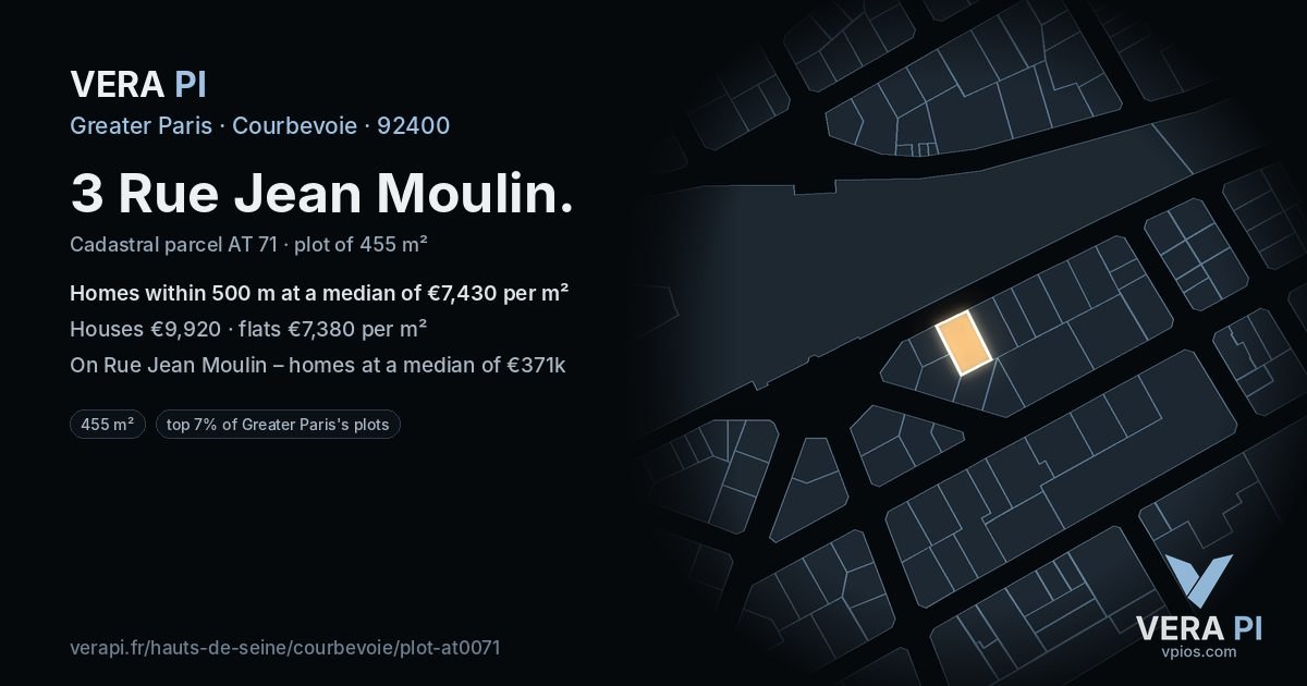 3 Rue Jean Moulin, Courbevoie at night – the plot lit, the parcels around coloured by the prices near them