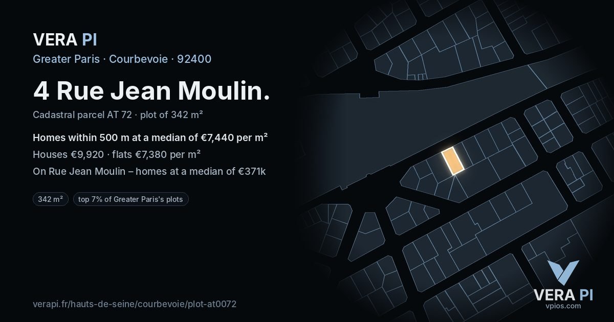 4 Rue Jean Moulin, Courbevoie at night – the plot lit, the parcels around coloured by the prices near them