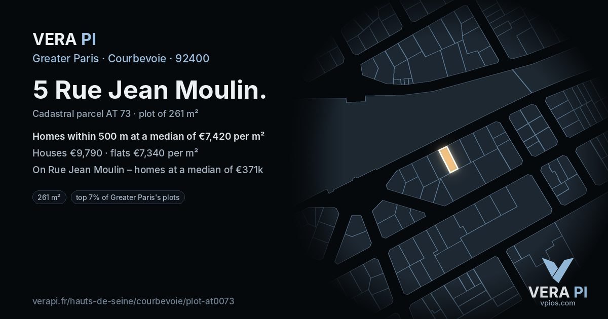 5 Rue Jean Moulin, Courbevoie at night – the plot lit, the parcels around coloured by the prices near them