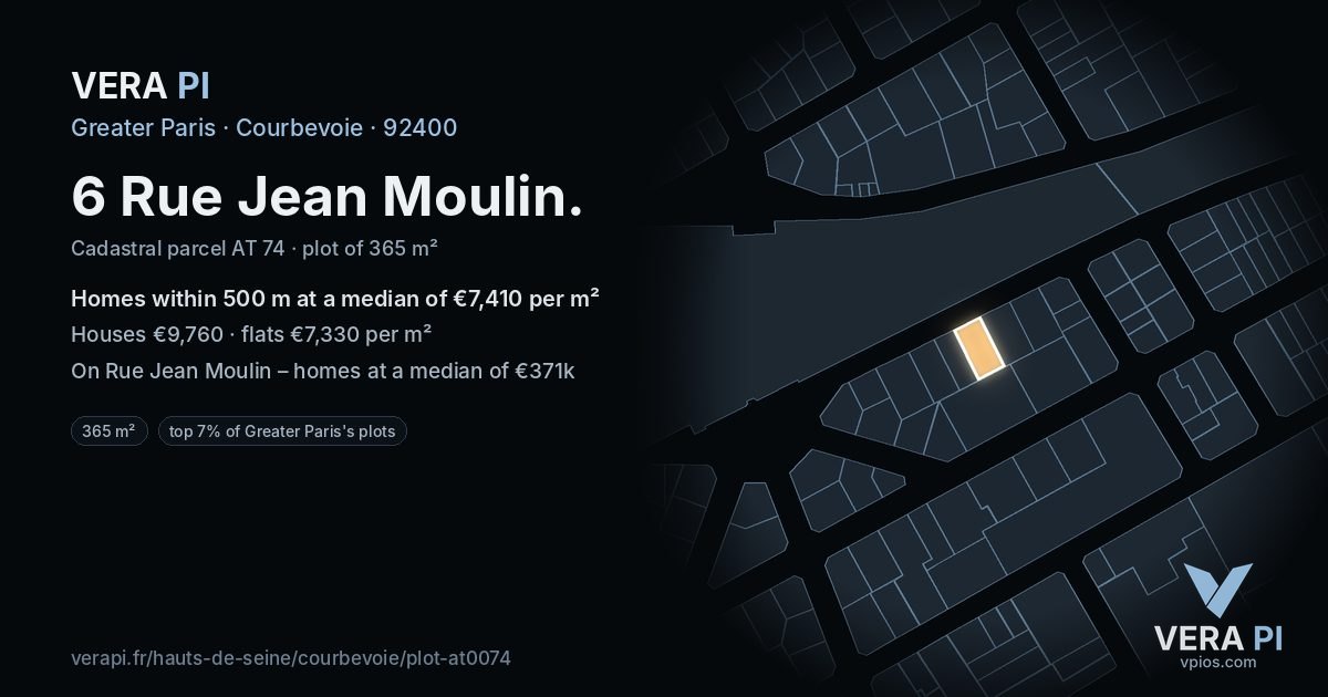 6 Rue Jean Moulin, Courbevoie at night – the plot lit, the parcels around coloured by the prices near them