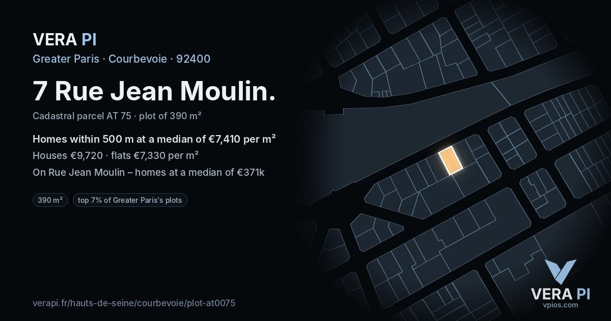 7 Rue Jean Moulin, Courbevoie at night – the plot lit, the parcels around coloured by the prices near them