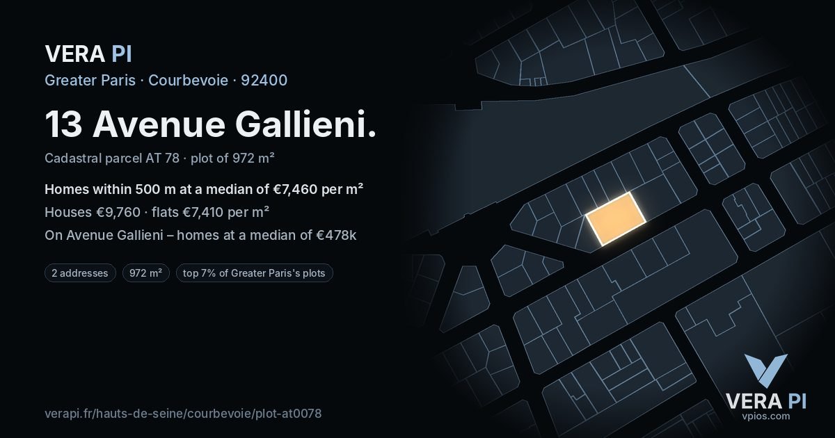 13 Avenue Gallieni, Courbevoie at night – the plot lit, the parcels around coloured by the prices near them