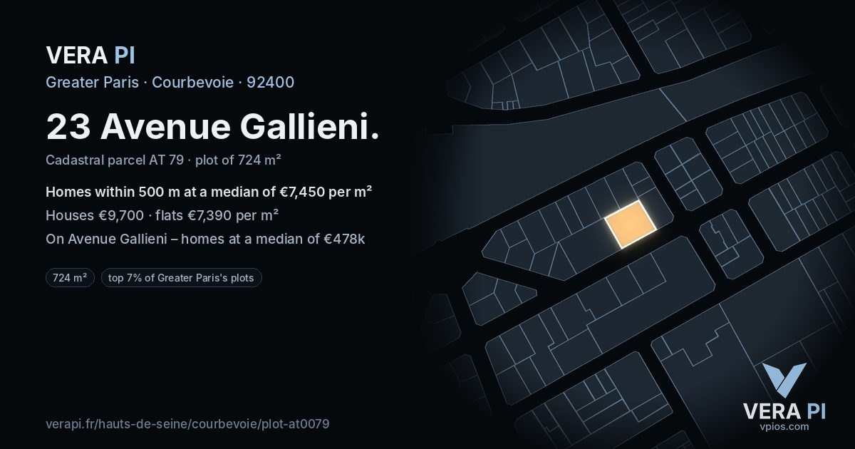 23 Avenue Gallieni, Courbevoie at night – the plot lit, the parcels around coloured by the prices near them