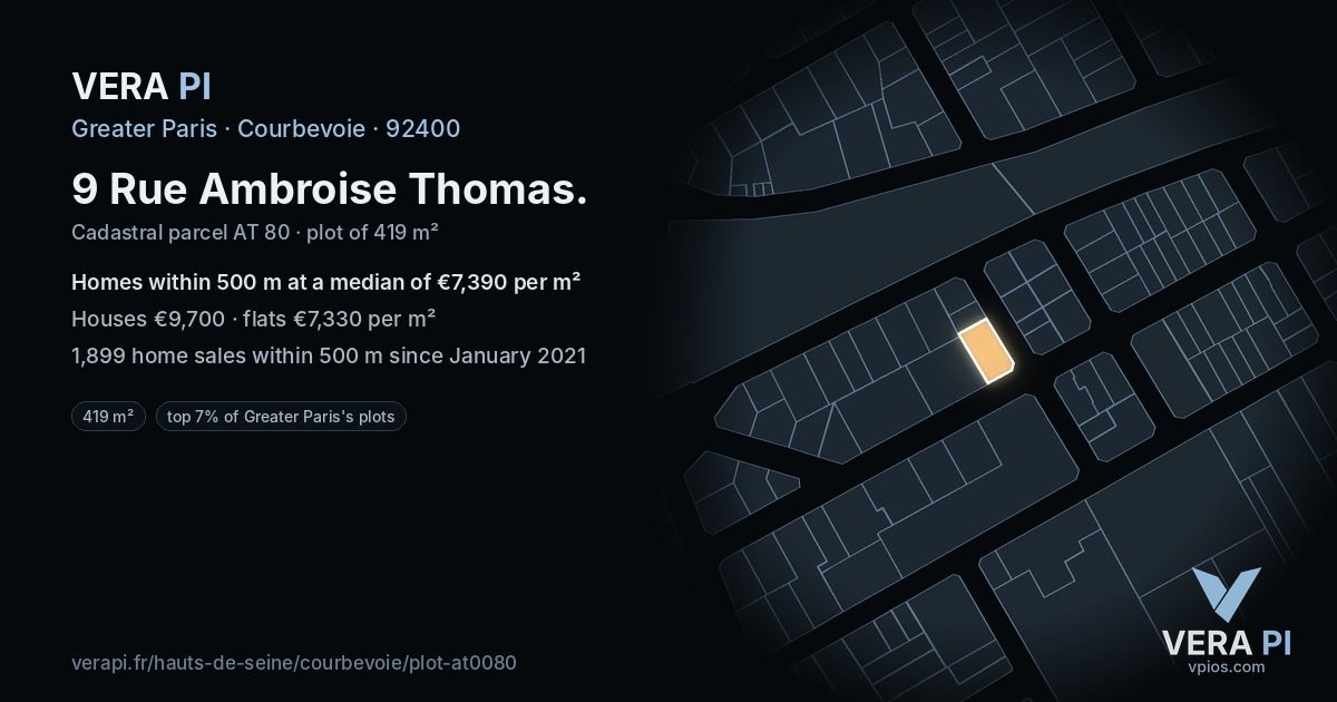 9 Rue Ambroise Thomas, Courbevoie at night – the plot lit, the parcels around coloured by the prices near them
