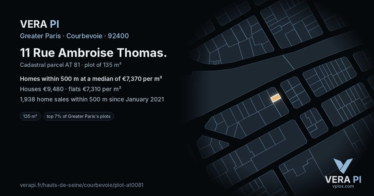 11 Rue Ambroise Thomas, Courbevoie at night – the plot lit, the parcels around coloured by the prices near them