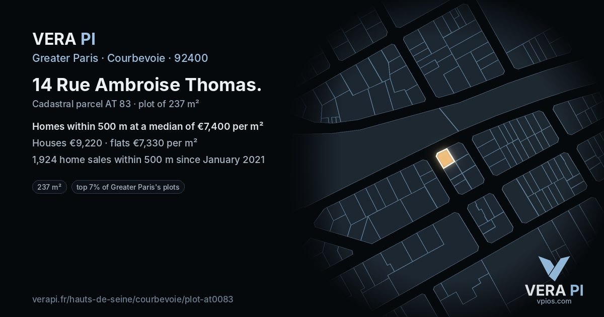 14 Rue Ambroise Thomas, Courbevoie at night – the plot lit, the parcels around coloured by the prices near them