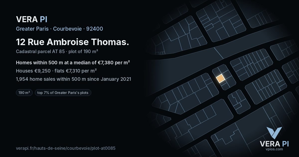 12 Rue Ambroise Thomas, Courbevoie at night – the plot lit, the parcels around coloured by the prices near them