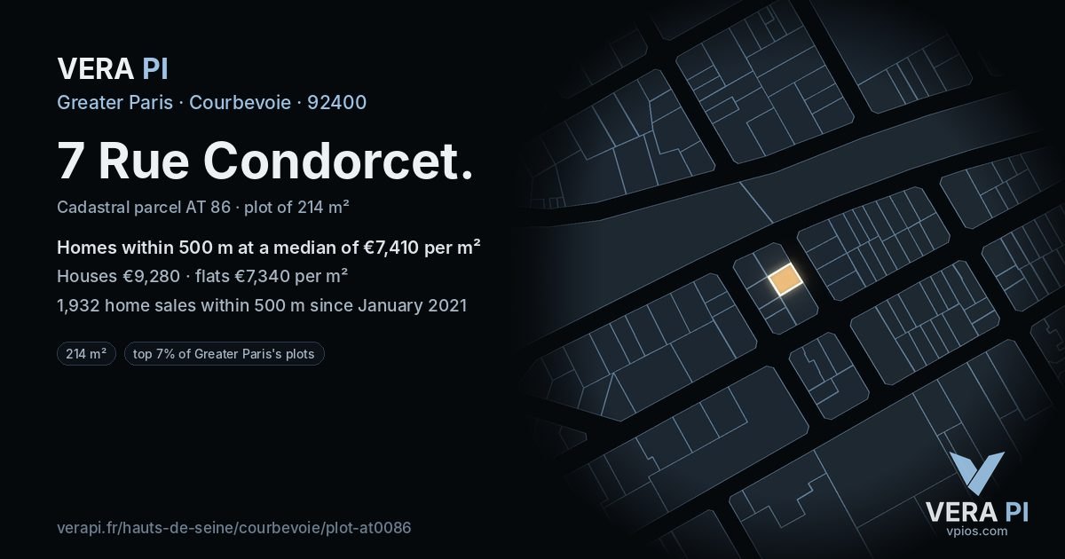 7 Rue Condorcet, Courbevoie at night – the plot lit, the parcels around coloured by the prices near them