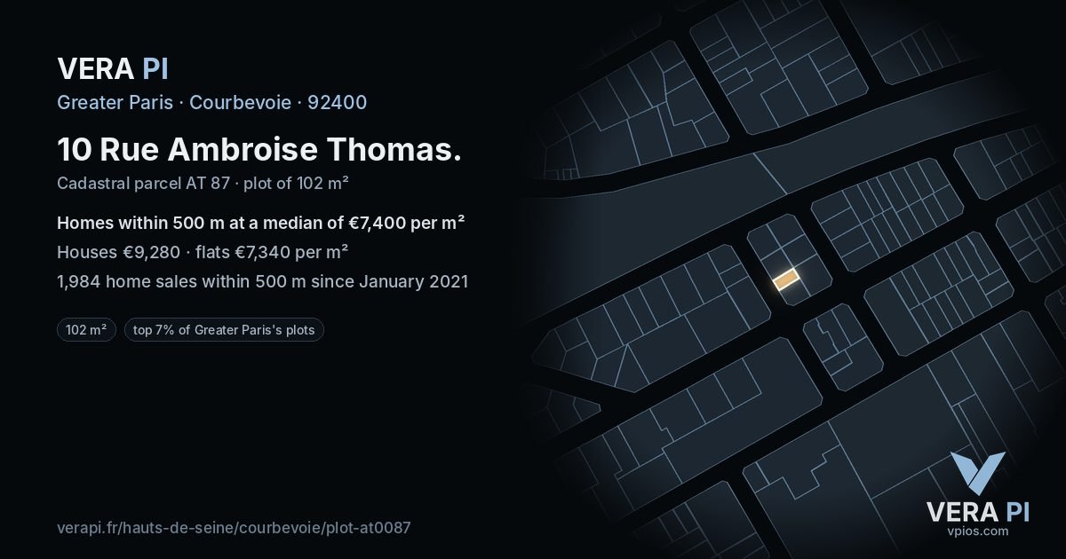 10 Rue Ambroise Thomas, Courbevoie at night – the plot lit, the parcels around coloured by the prices near them