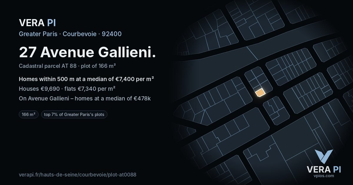 27 Avenue Gallieni, Courbevoie at night – the plot lit, the parcels around coloured by the prices near them