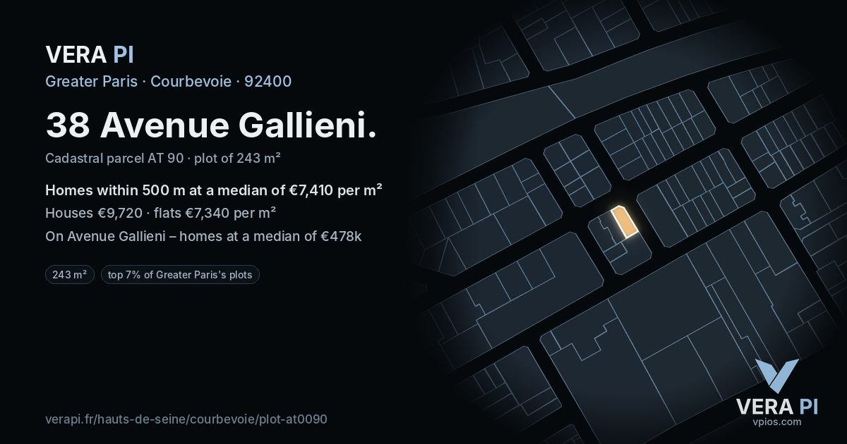 38 Avenue Gallieni, Courbevoie at night – the plot lit, the parcels around coloured by the prices near them